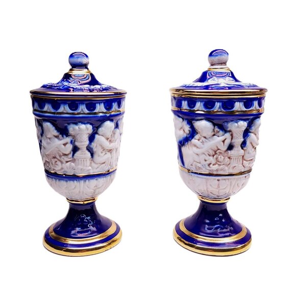 Vintage Italian Ceramic Lidded Urns Cherub Reliefs & Blue/Gold Accents